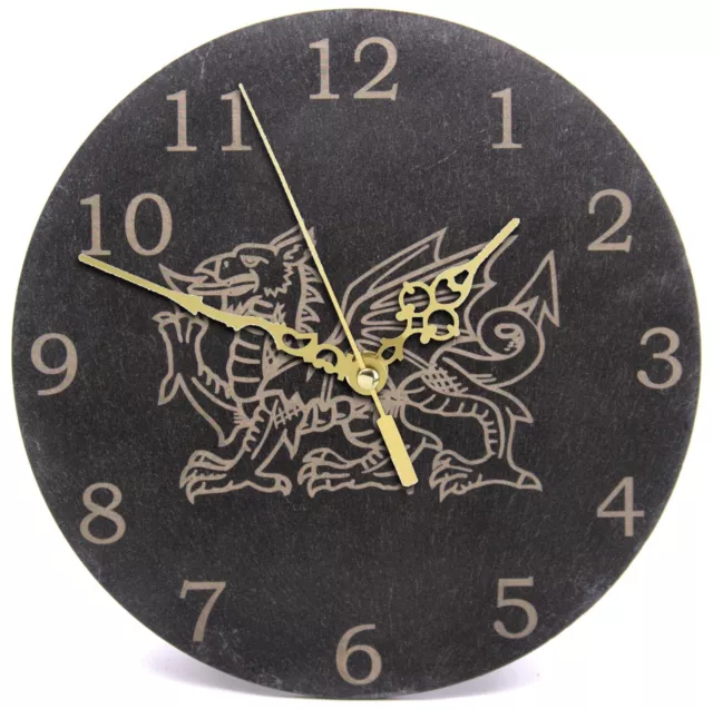 Genuine Welsh Slate Wall Clock With Welsh Dragon Design, Silent Non-Ticking (AN)