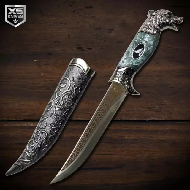 12" WOLF HEAD Fantasy MEDIEVAL Fixed Blade DAGGER Knife + Decorative Sheath EPIC