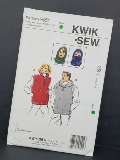 Suéter Kwik Sew 2551 1996 con capucha unisex XS S M L XL (capucha S & L) solo sin cortar