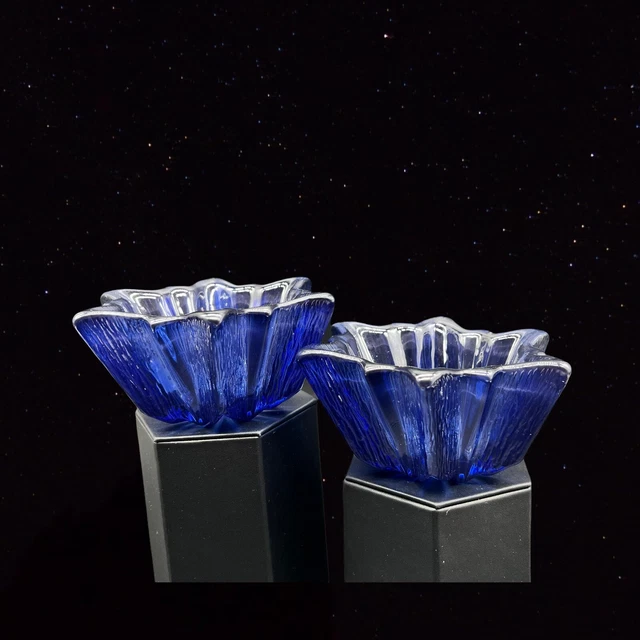 Art Glass Candle Holder Lot Cobalt Blue Star Shapped Set 2”T 5”W Vintage 3