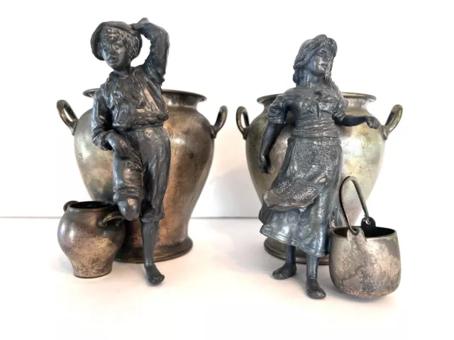 Vintage Antique Pewter Girl & Boy Silvered Urns - German Engraved 1893-1900