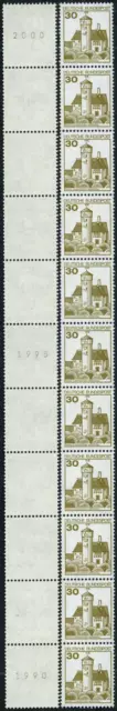 Bund B/Schlösser Letterset 30 Pf Rollenanfang 11er Streifen, MiNr 914AII