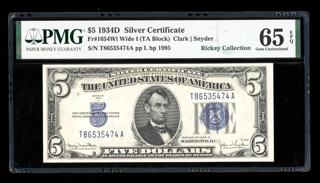 DBR 1934-D $5 Silver Gem Fr. 1654Wi Wide I TA Block PMG 65 EPQ Serial T86535474A