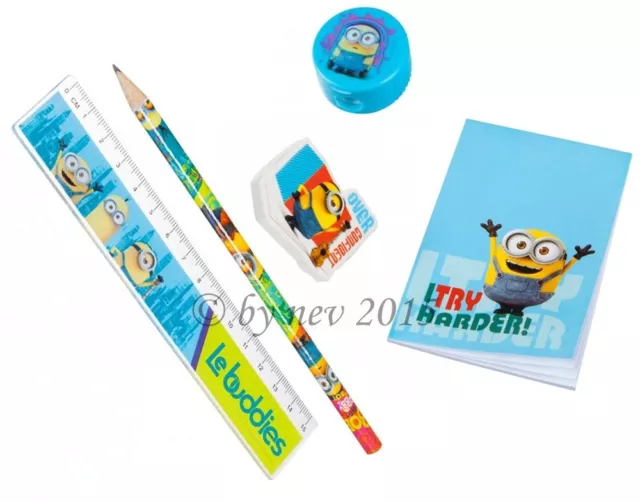 MINIONS SCHREIBSET 5 TEILIG Lineal Radierer Notizbuch Bleistift Spitzer NEUWARE