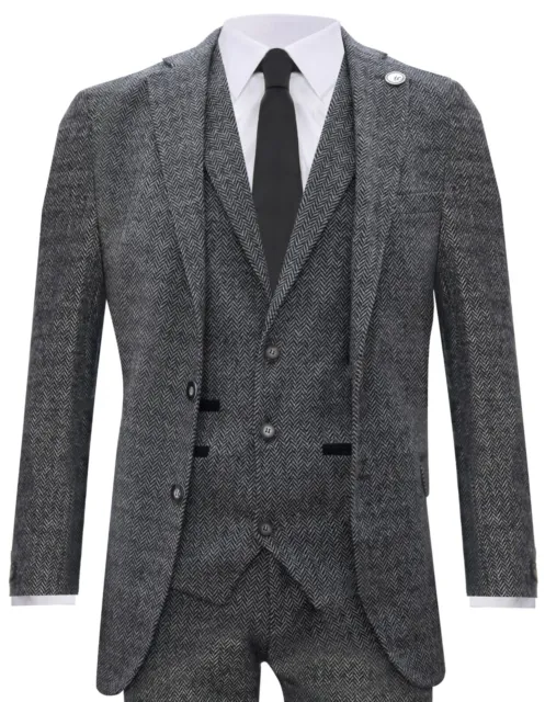 Mens Light Grey 3 Piece Tweed Suit Herringbone Wool Vintage Retro Peaky Blinders