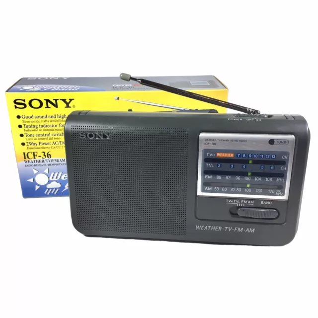 Sony Portable Radio ICF-36 Quad Band Weather/TV/AM/FM Tested, Cord Storage w Box