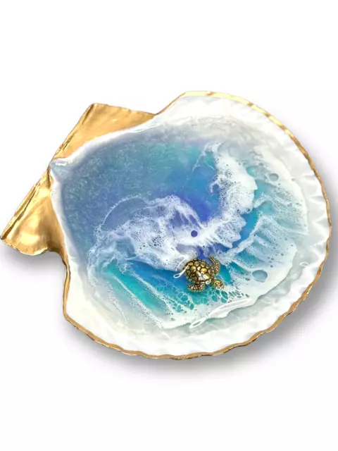Ocean Resin Art Gentle Waves Trinket/Ring Dish with Turtle