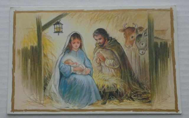 UNUSED Vintage Christmas Card Mary Joseph Baby Jesus STABLE Animals GOLD Trim