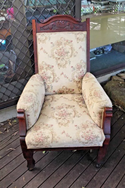 Antique Vintage Edwardian Grandfather Chair Armchair Carved Oak Wooden