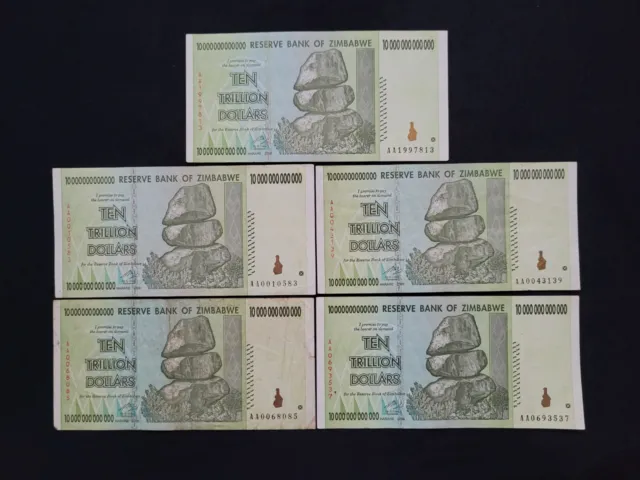 Zimbabwe 5 x 10 Trillion Dollars 2008 Pick 88 Lot 5 Pcs