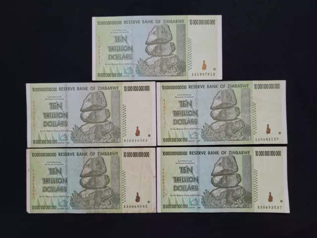 Zimbabwe 5 x 10 Trillion Dollars 2008 Pick 88 Lot 5 Pcs