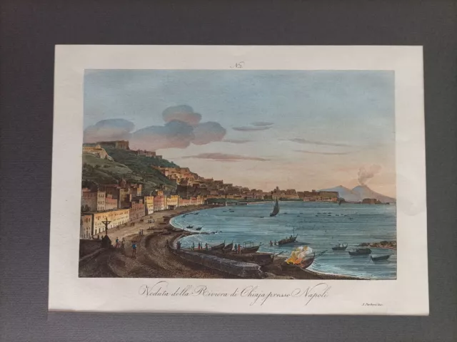 1845 ca. Veduta della Riviera Di Chiaia Napoli Acquaforte Acquerellata In Pass