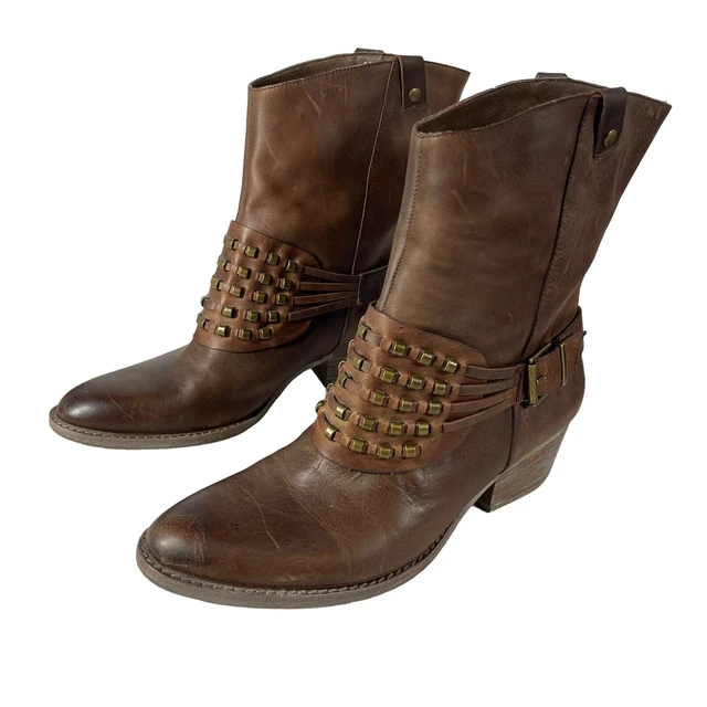 Reba Leather Western SIZE 8.5 Boots Brown Leather Harness Studded Boho Womens Reba Leather Western SIZE 8.5 Boots Brown Leather Harness Studded Boho Womens