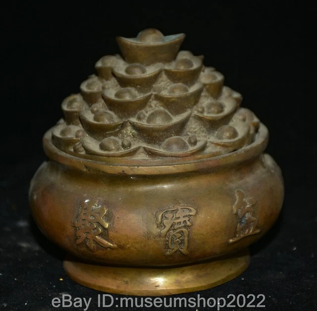 4'' MARKED RARE Ancient Chinese Copper Dragon Lines Yuanbao Treasure