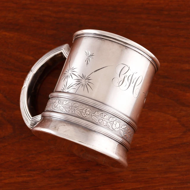 Superb Gorham Aesthetic Sterling Silver Cup #2355  Floral Sprays,Insects 1882