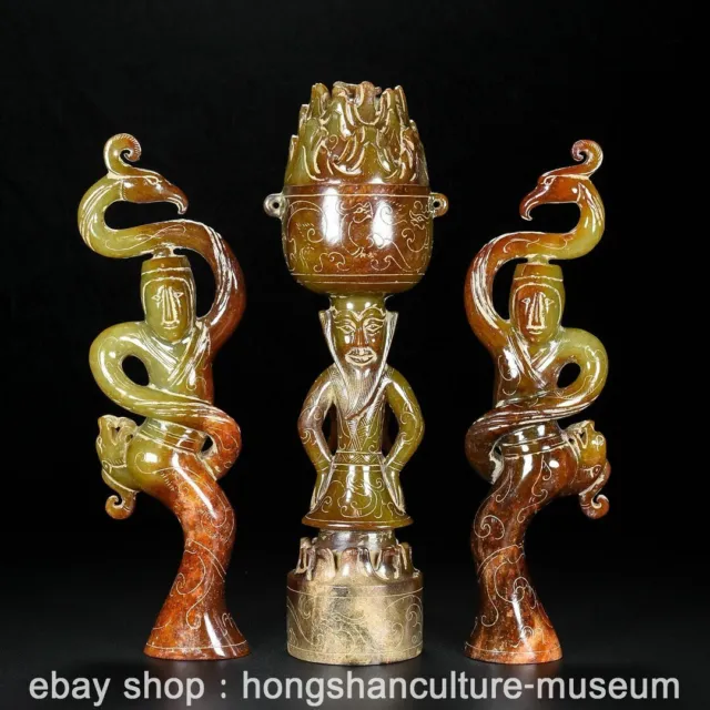 10.4" Chinese Old Hetian Jade Carving 2 Dancer Human Statue Incense Burner Set