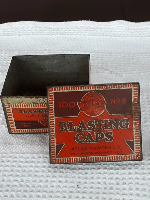 Antique Atlas Explosives Blasting Caps Tin 100 No. 6 Great Condition 1 Day Ship!