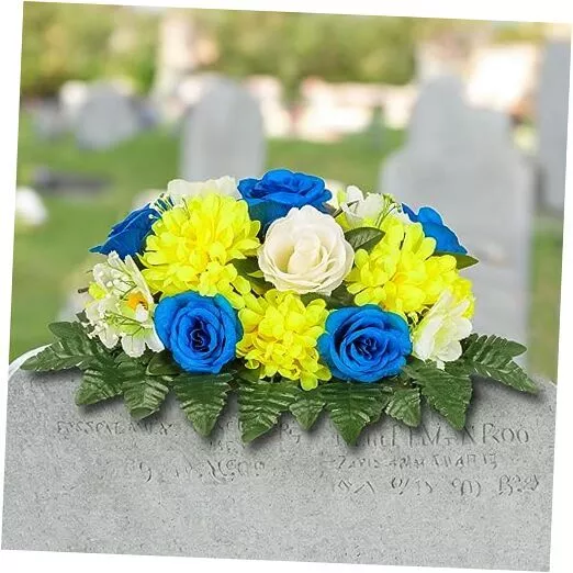 Cemetery Flowers Saddle- Grave Decorations，Non-Bleed Blue, White, and Yellow