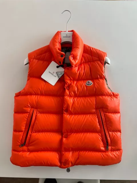 MONCLER originale Gilet imbottito in piuma Tibb nuovo TAGLIA 3 colore ARANCIONE