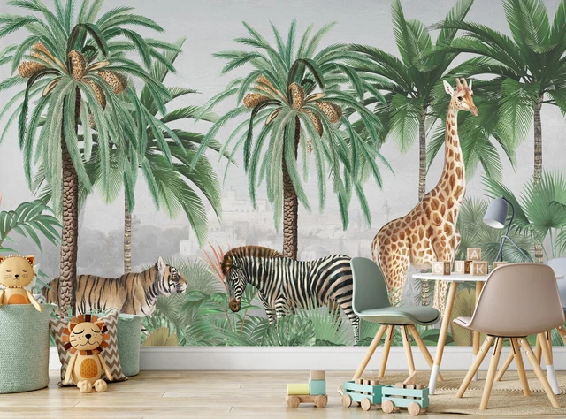 JUNGLE PHOTO WALL Mural Safari Animals Photo Wallpaper Kids Nursery ...