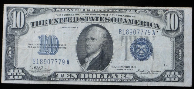 1934-B $10 Ten Dollar silver certificate circulated