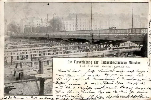 AK GRUß AUS MÜNCHEN DIE VERSCHIEBUNG DER REICHENBACHBRÜCKE 1902 OBERBAYERN