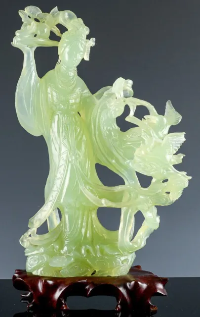 VERY FINELY CARVED OLD CHINESE GREEN JADE FEMALE IMMORTAL FIGURE w WOOD STAND