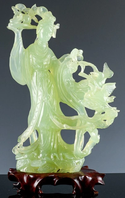VERY FINELY CARVED OLD CHINESE GREEN JADE FEMALE IMMORTAL FIGURE w WOOD STAND