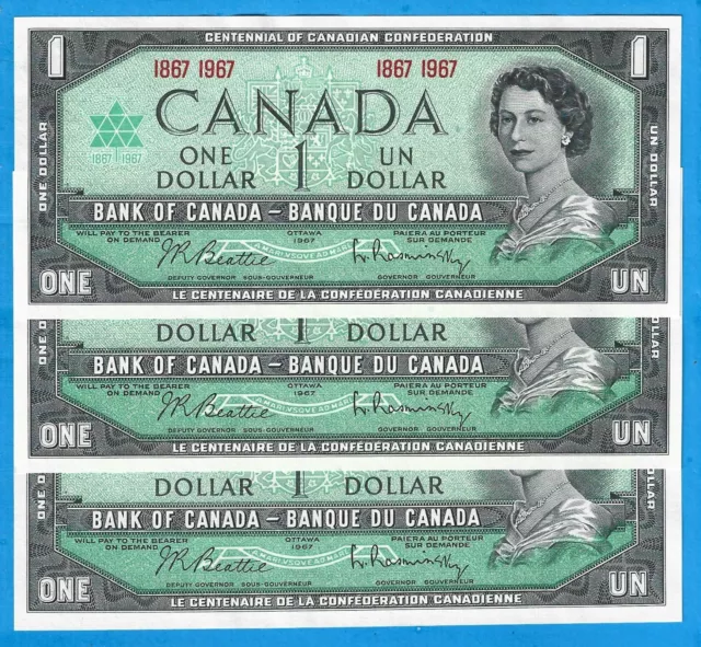 1967 $1 Canadian Centennial 1867/1967-3)Notes,Bank of Canada,Gem Crisp UNC,Nice!