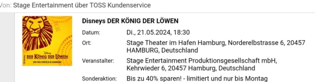 2 Tickets fürs Musical "König der Löwen" in Hamburg am Di., 21.Mai 2024