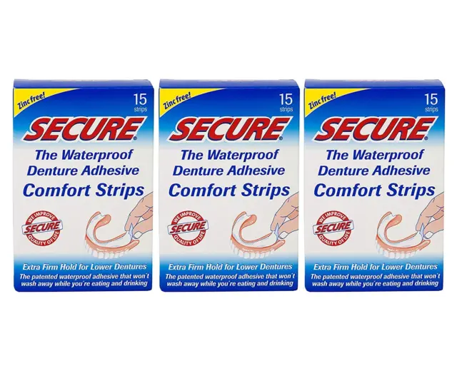 Secure Comfort Strips Waterproof Denture Adhesive - Zinc Free - Extra Firm Hold