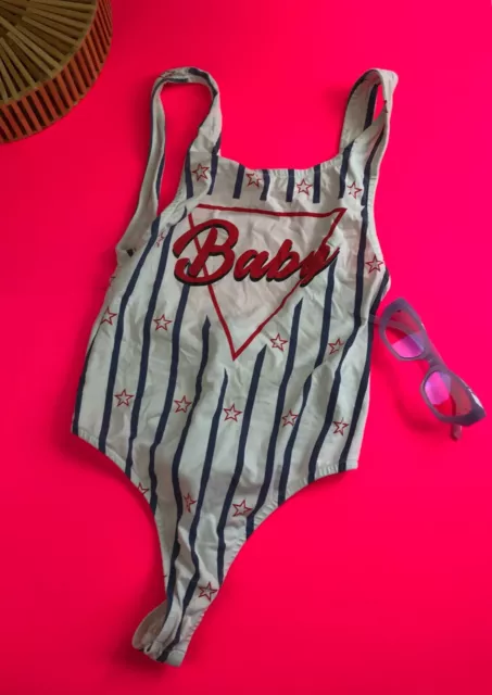 80s Vintage Retro Style Red Blue White BABY Striped Thing Bodysuit Size 6