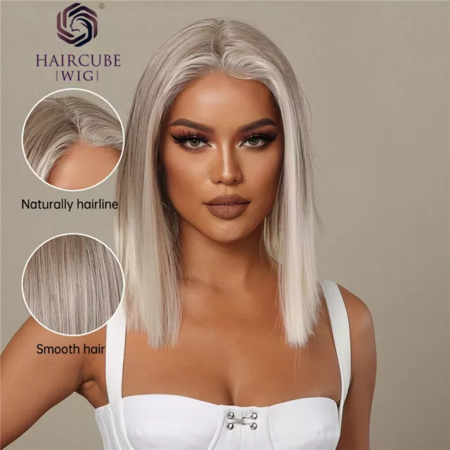 Light Blonde Platinum Lace Front Synthetic Wigs Short Straight Bobo Wigs 2
