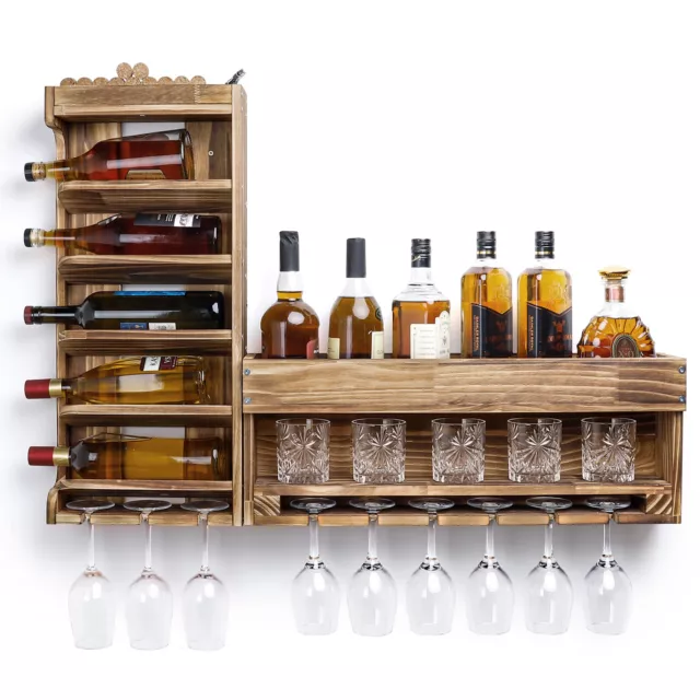 Wine Rack Wall Mounted Wood,Wine Shelf with Bottle Stemware Glass Holder Rustic