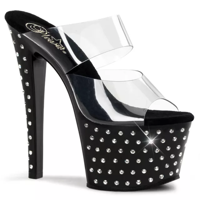 STARDUST-702 Pleaser High-Heels Doppelriemchen Pantoletten klar schwarz Strass