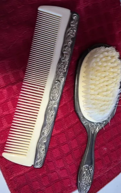 Vintage Ornate Hair Brush & Comb Set Silver Plated Vanity Set