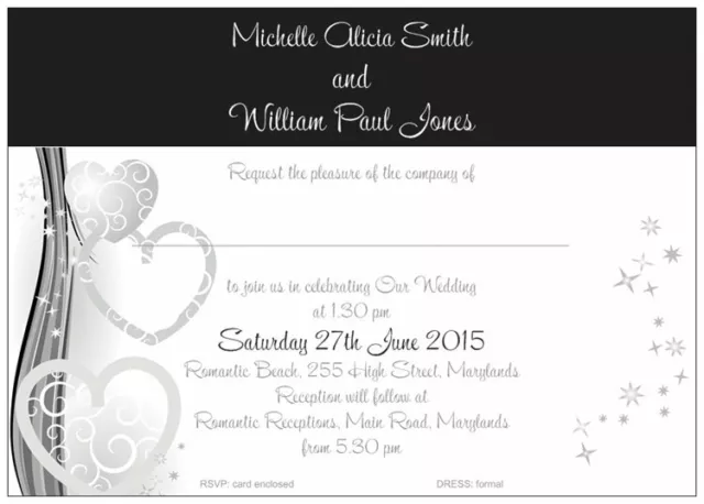 50 PERSONALISED WEDDING INVITATIONS CARDS elegant black and white silver hearts