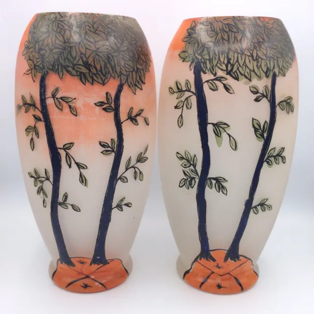 Paire de vases verre teinté dépoli émaillé à décor d’arbres de Legras Art Déco
