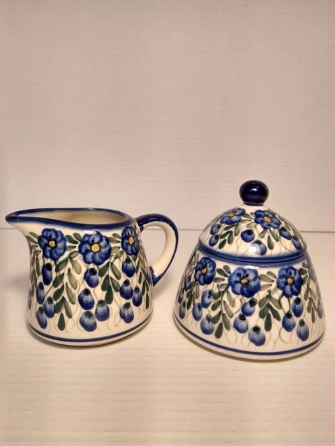 Boleslawiec Polish Pottery Sugar And Creamer Set UNIKAT Modern Blue Cascade
