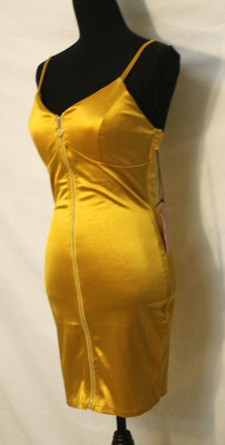 Nwt Haute Monde Gold Mustard Bodycon Dress Medium Zipper Front Spaghetti Strap