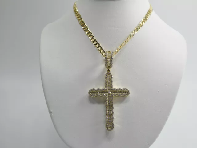 14K Yellow Gold Color Chain And Cross Pendant Over 925 Sterling Silver