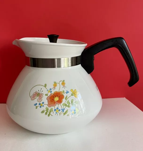 VTG Corning Ware WILDFLOWER P-104 6 Cup Floral Tea Pot Coffee Kettle Metal Lid