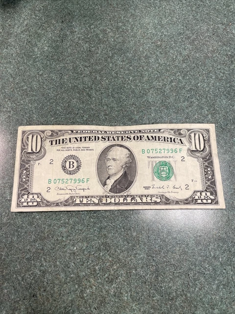 1990 (B) $10 Ten Dollar Bill Federal Reserve Note Vintage Old Currency