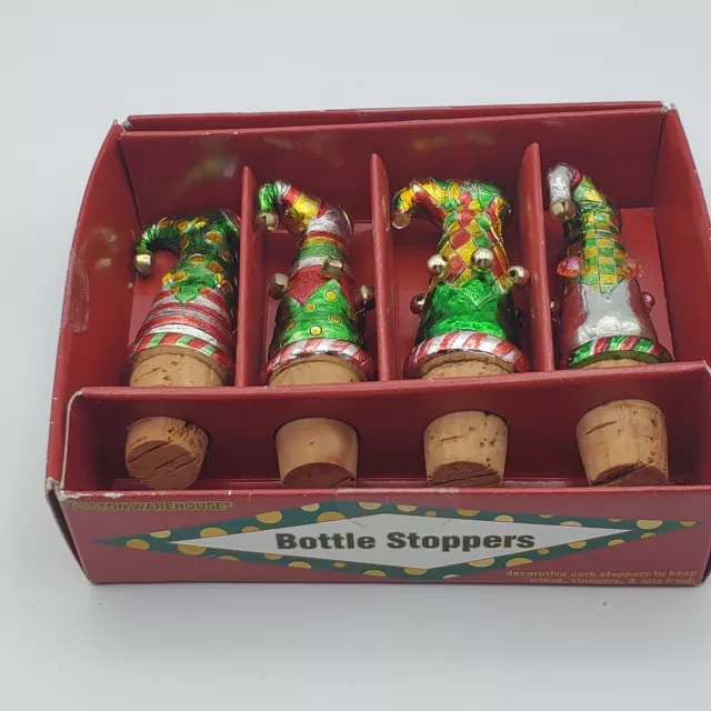 Boston Warehouse Elf Shoes Vintage Christmas Bottle Stoppers 4 Piece NIB