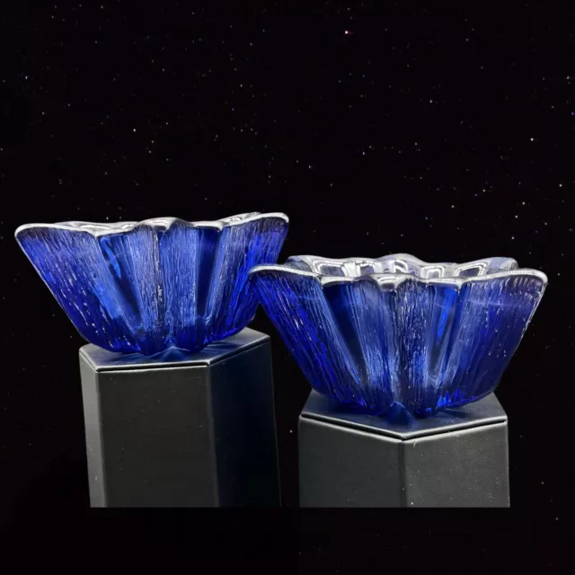 Art Glass Candle Holder Lot Cobalt Blue Star Shapped Set 2”T 5”W Vintage
