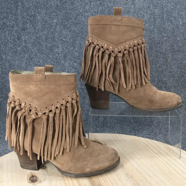 Sbicca Boots Womens 8 Sound Fringe Ankle Booties Brown Leather Pull On Heels