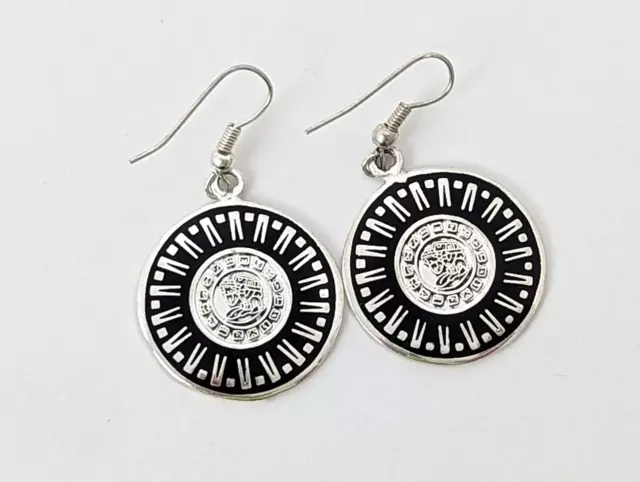 Mayan Dangle Earrings Aztec Medallions Circle Round Made in Mexico Silver Black