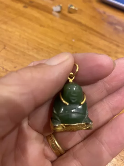 Carved Green Jade Buddha Gold  Plated Pendant Charm Miniature 3 X 2 X 1 Cm