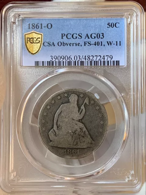 1861-O CSA Obv ~ W-11, WB-102 ~ Seated Liberty 50c ~ PCGS AG03 ~ New To Market!!
