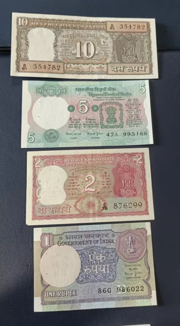 Uncirculated Indian authentic old 10 /5 /2 /1 Rupee  4 denominations  notes lot